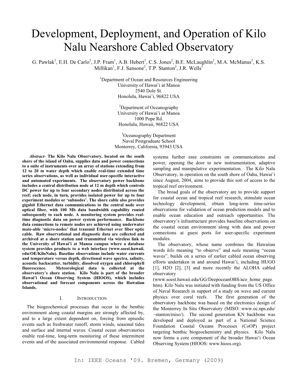 Development, Deployment, and Operation of Kilo Nalu Nearshore Cabled Observatory