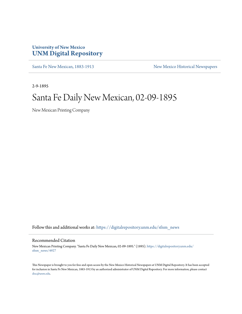 Santa Fe Daily New Mexican, 02-09-1895 New Mexican Printing Company