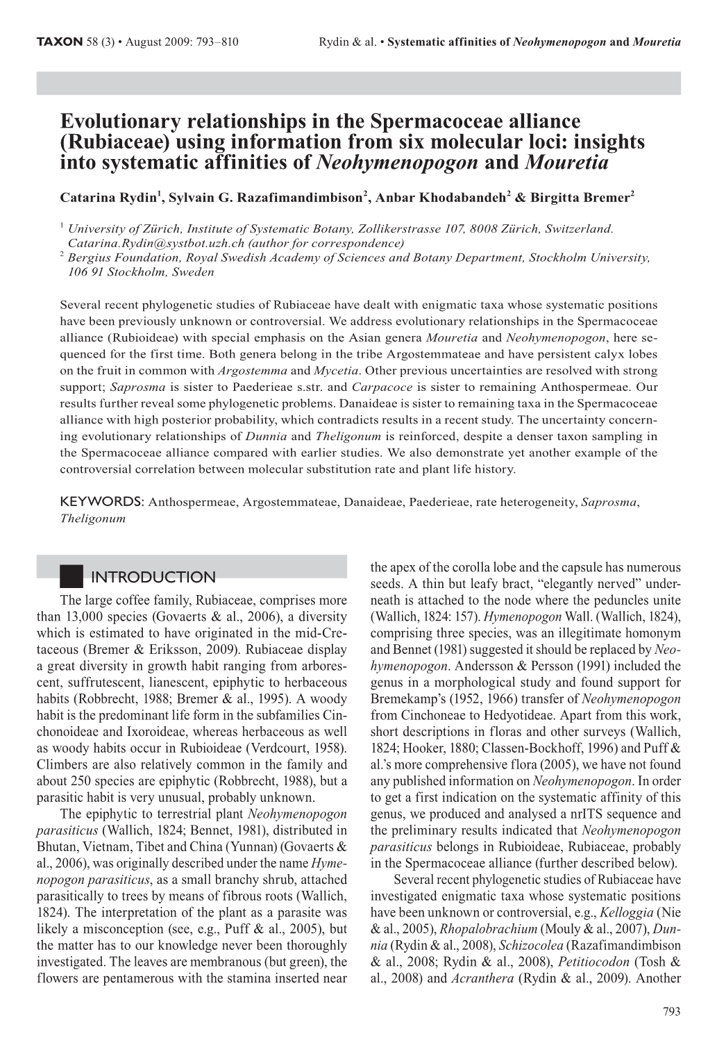 Evolutionary Relationships in the Spermacoceae Alliance