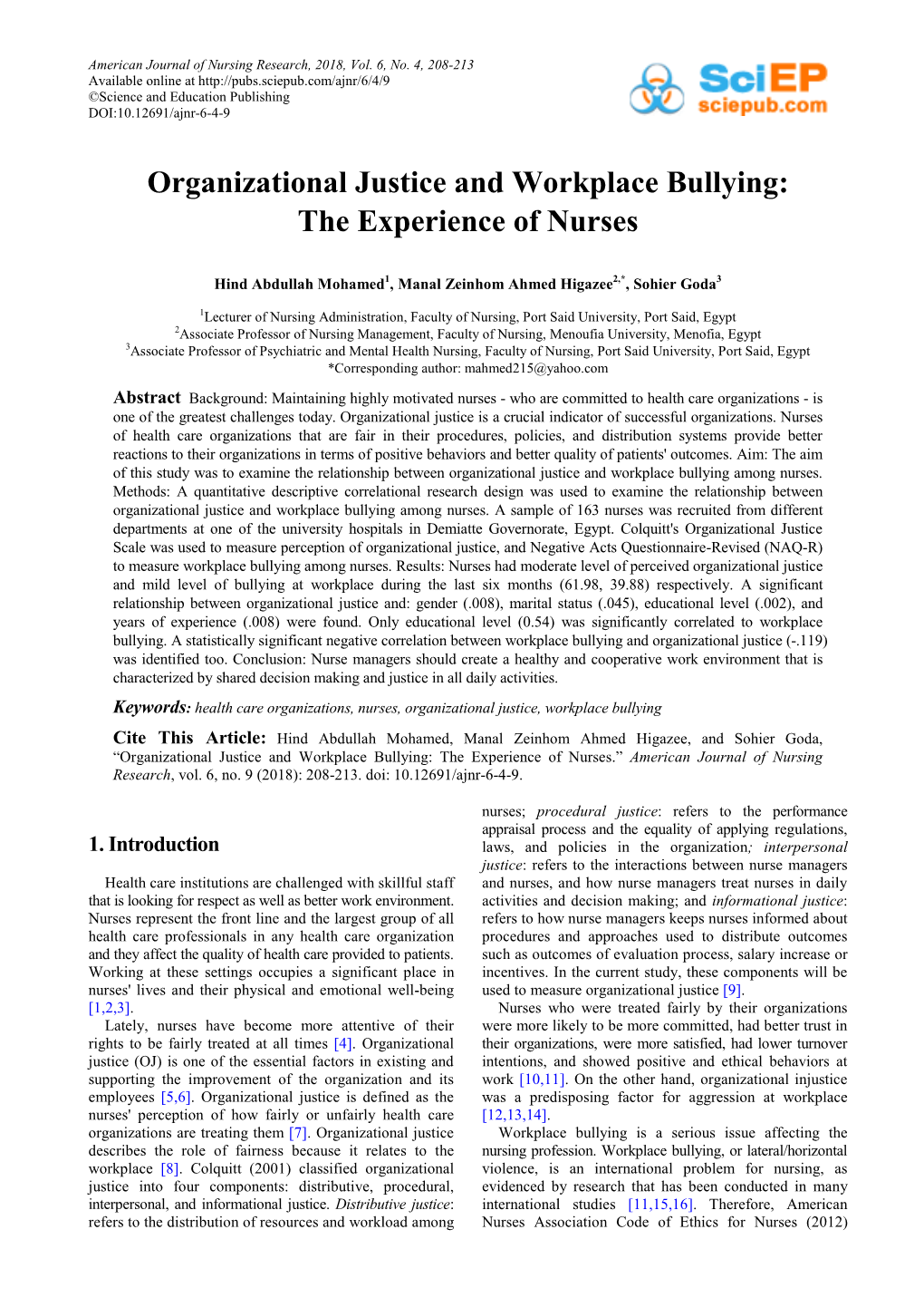 Organizational Justice and Workplace Bullying: the Experience of Nurses