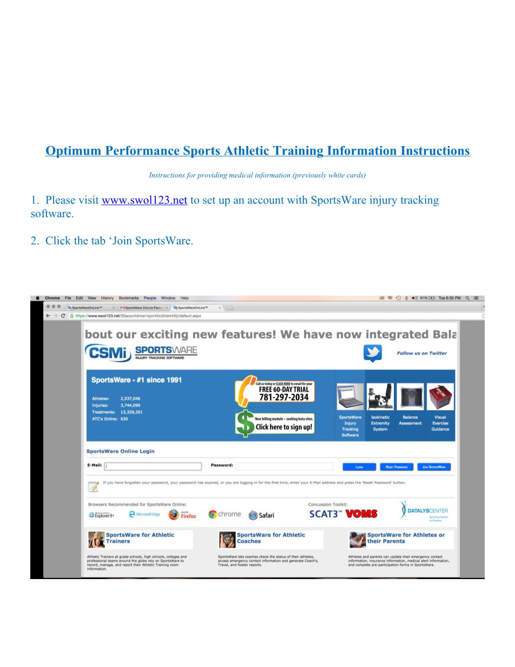 Optimum Performance Sports Athletic Training Information Instructions