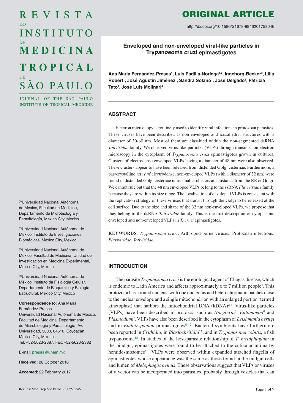 Enveloped and Non-Enveloped Viral-Like Particles in Trypanosoma Cruzi Epimastigotes