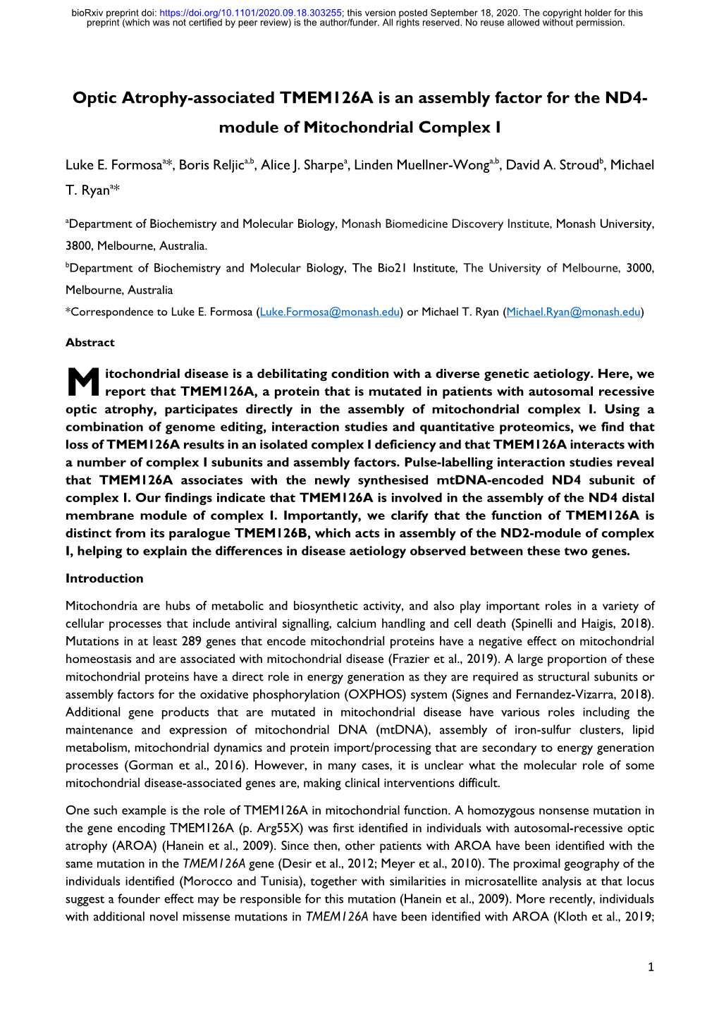 Optic Atrophy-Associated TMEM126A Is an Assembly Factor for the ND4- Module of Mitochondrial Complex I