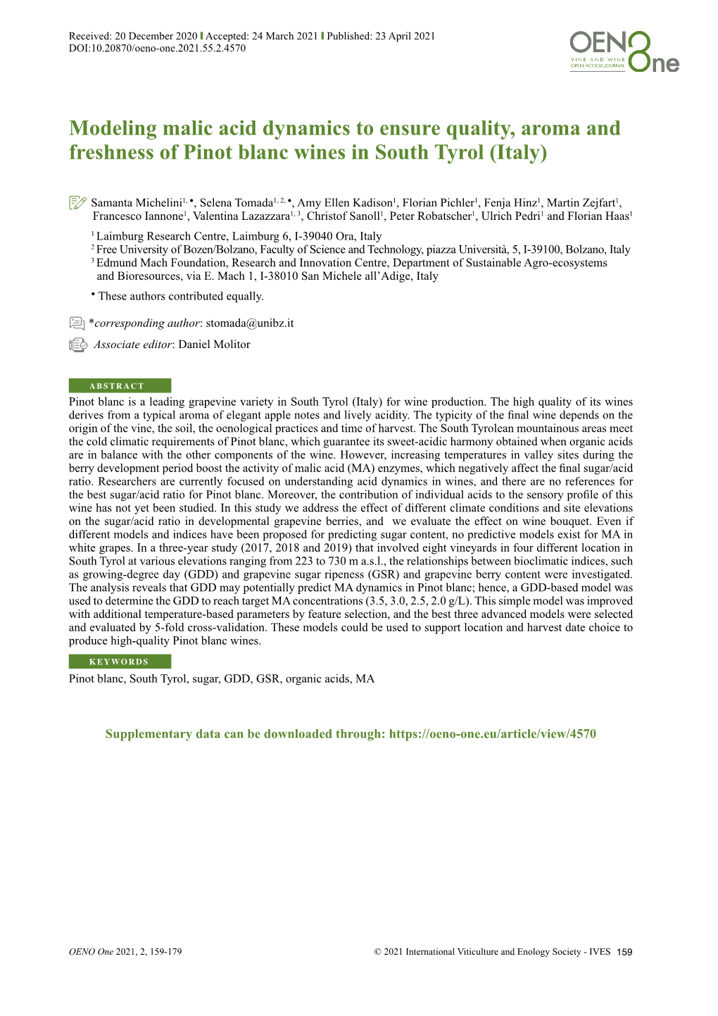 Modeling Malic Acid Dynamics to Ensure Quality, Aroma and Freshness of Pinot Blanc Wines in South Tyrol (Italy)