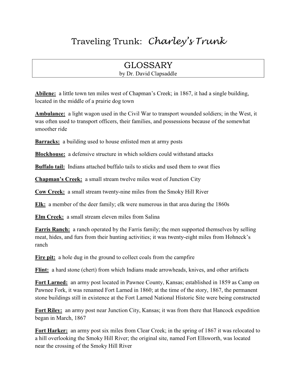 Traveling Trunk: Charley's Trunk Glossary