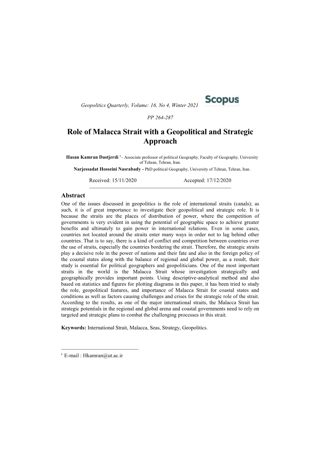 Role of Malacca Strait with a Geopolitical and Strategic Approach