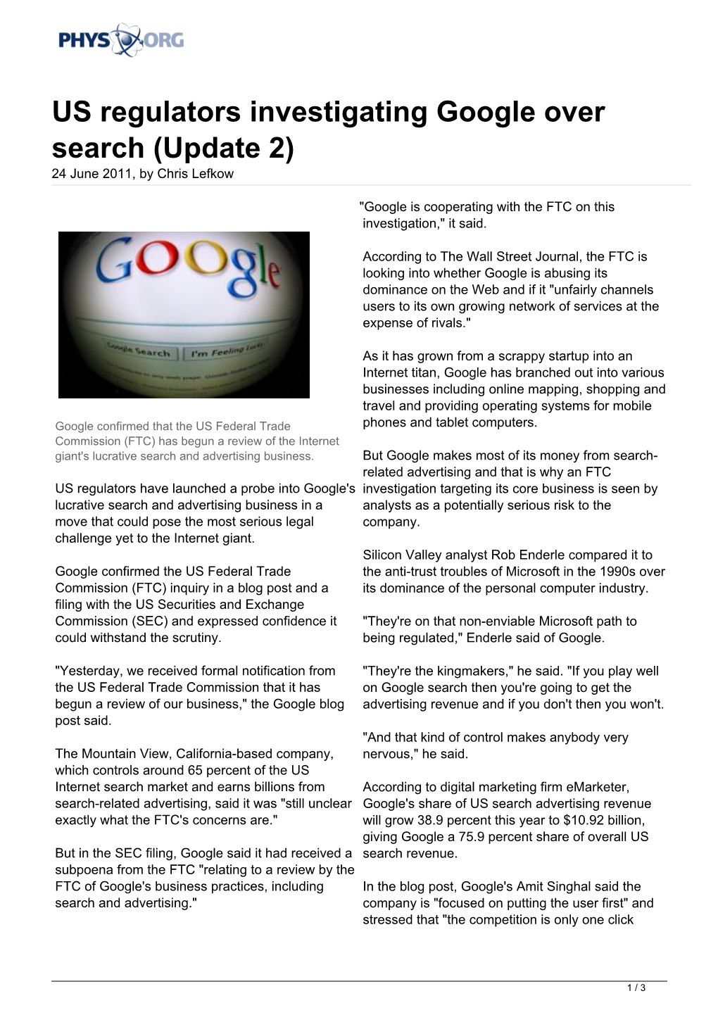 US Regulators Investigating Google Over Search (Update 2) 24 June 2011, by Chris Lefkow