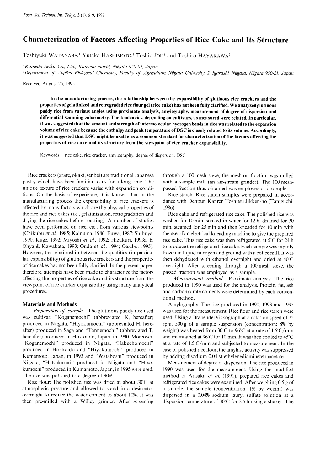 Charactenzatron of Factors Affecting Properties of Rice Cake and Its Structure