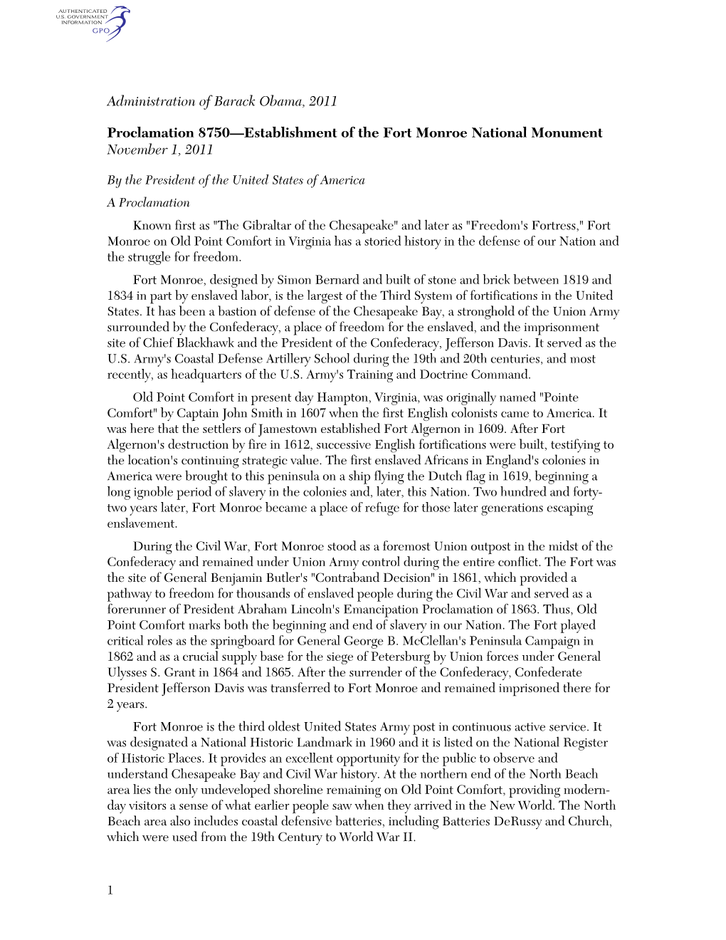 Administration of Barack Obama, 2011 Proclamation 8750—Establishment of the Fort Monroe National Monument November 1, 2011