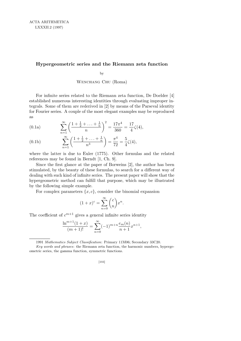 Hypergeometric Series and the Riemann Zeta Function