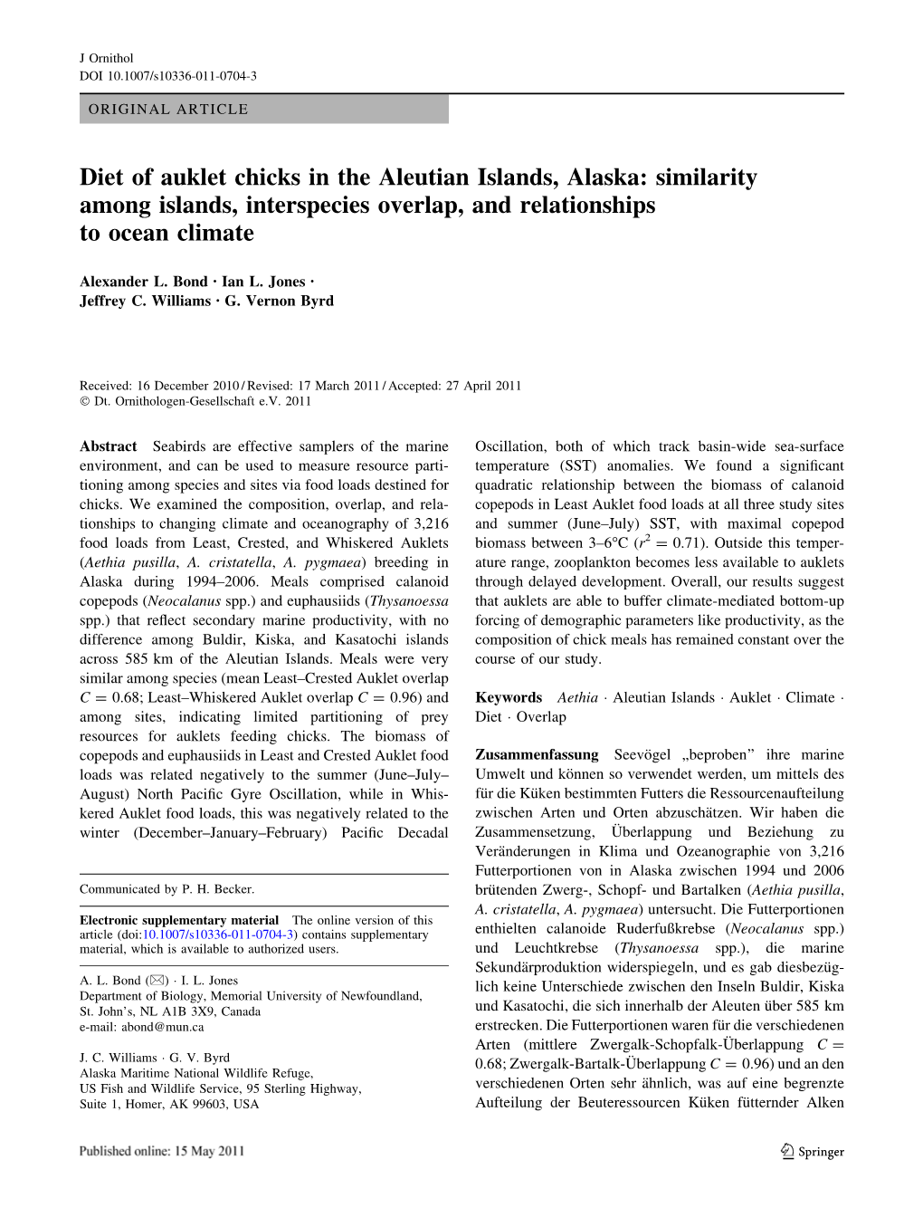 Diet of Auklet Chicks in the Aleutian Islands, Alaska: Similarity Among Islands, Interspecies Overlap, and Relationships to Ocean Climate