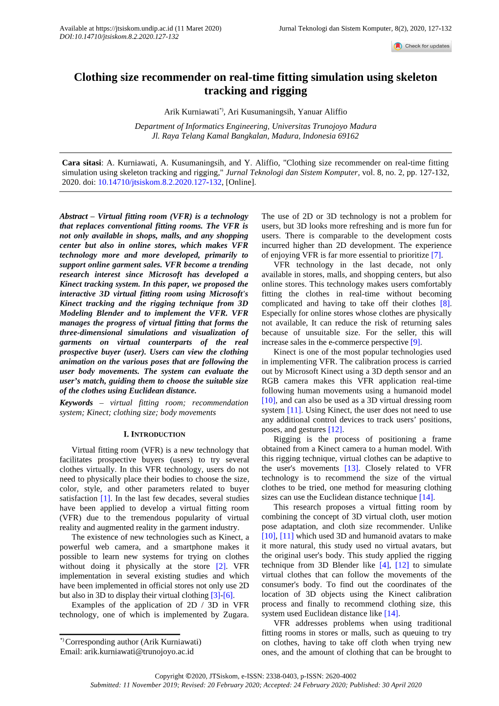 Clothing Size Recommender on Real-Time Fitting Simulation Using Skeleton Tracking and Rigging