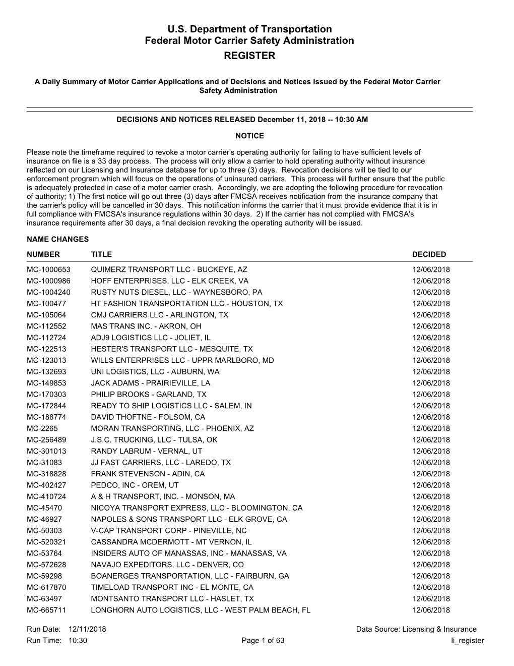 U.S. Department of Transportation Federal Motor Carrier Safety Administration REGISTER