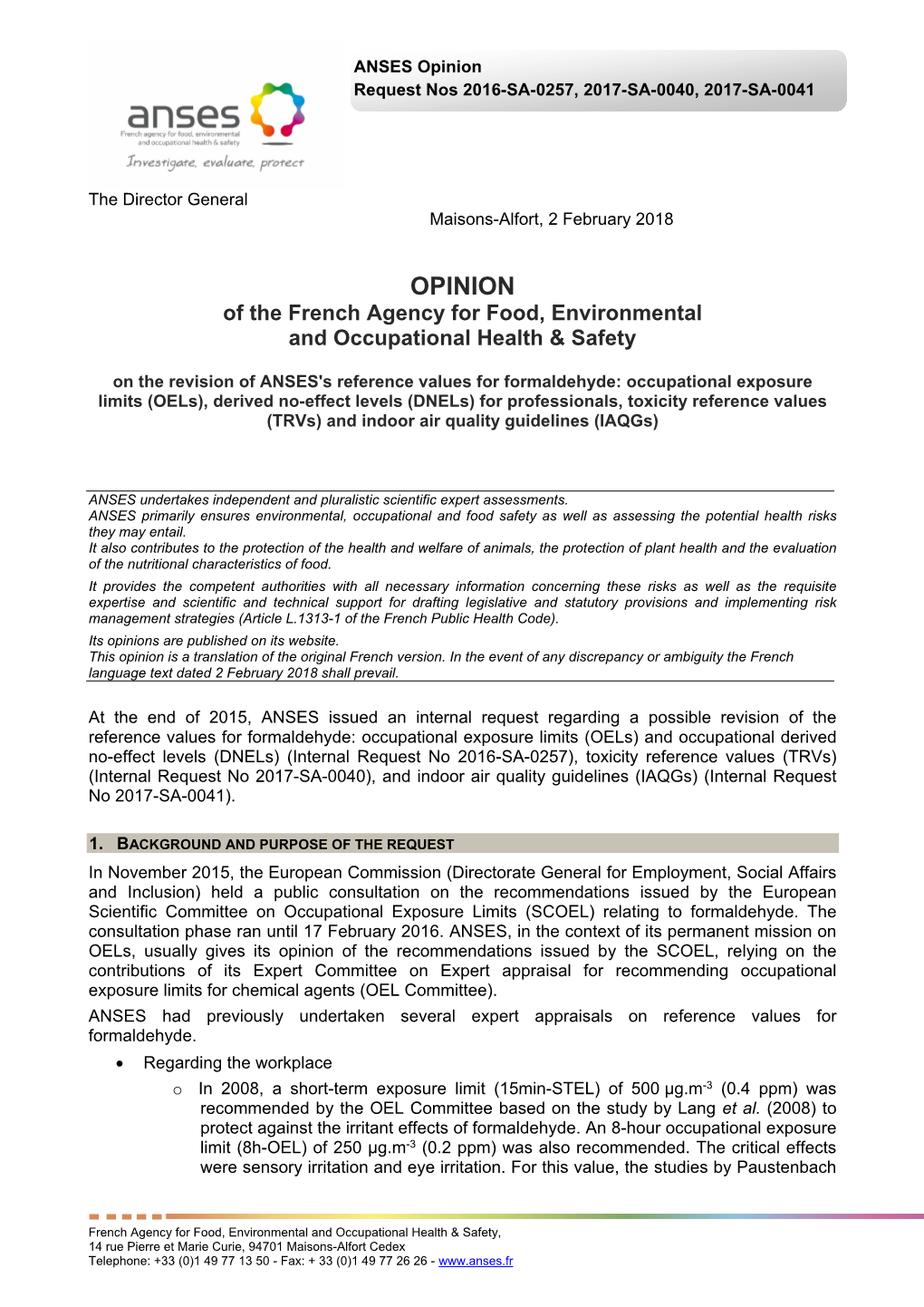 Occupational Exposure Limits (Oels), Derived No-Effect Levels (Dnels) for Professionals, Toxicity Reference Values (Trvs) and Indoor Air Quality Guidelines (Iaqgs)