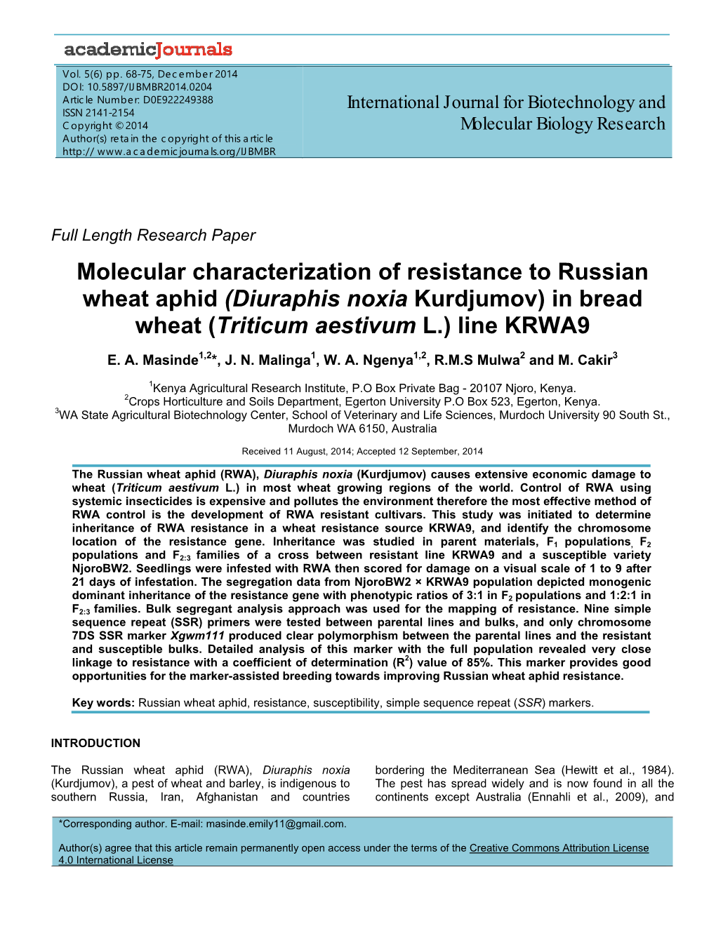 Molecular Characterization of Resistance to Russian Wheat Aphid (Diuraphis Noxia Kurdjumov) in Bread Wheat (Triticum Aestivum L.) Line KRWA9