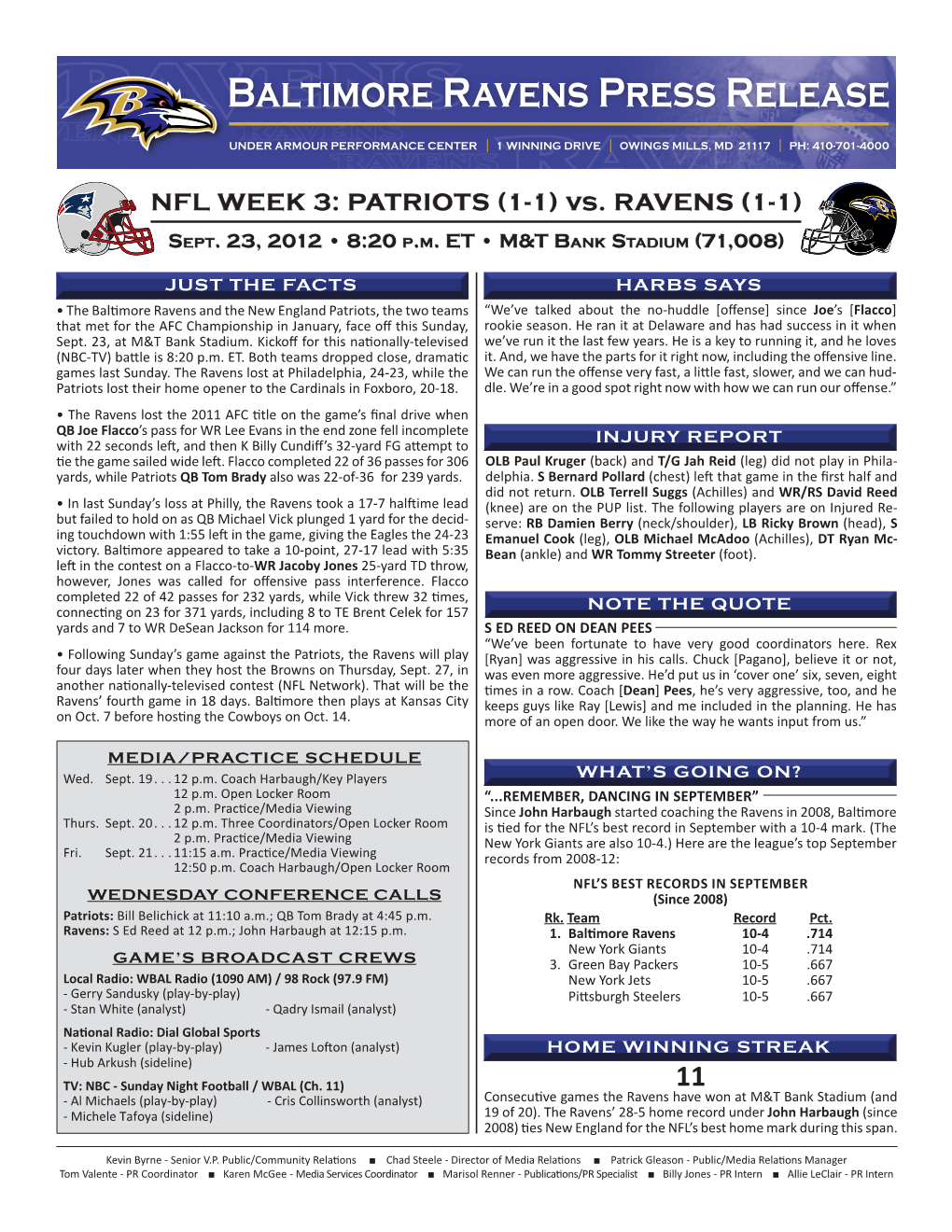 Baltimore Ravens Press Release