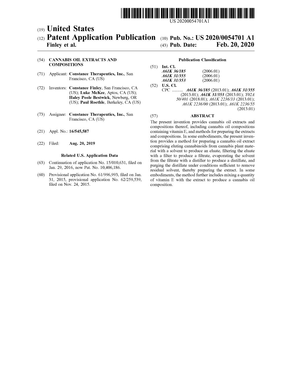 ( 12 ) Patent Application Publication ( 10 ) Pub . No .: US 2020/0054701 A1