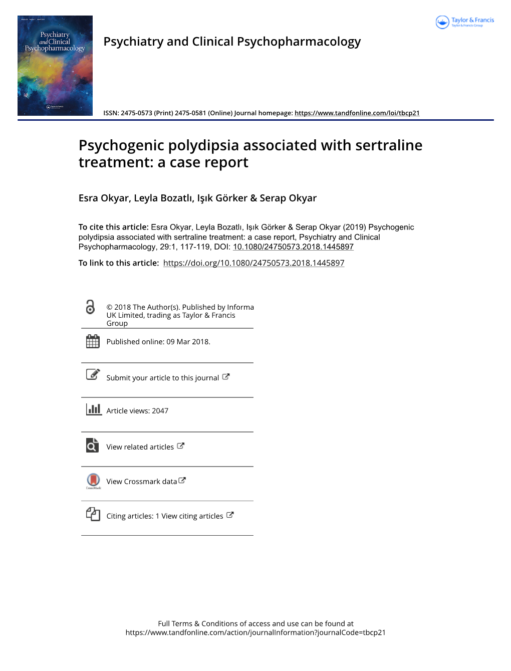 Psychogenic Polydipsia Associated with Sertraline Treatment: a Case Report