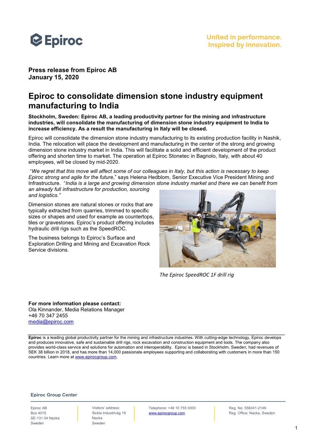Epiroc to Consolidate Dimension Stone Industry Equipment Manufacturing