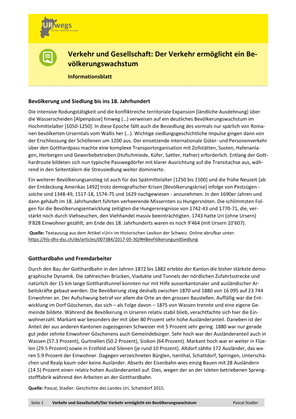 Verkehr Und Gesellschaft: Der Verkehr Ermöglicht Ein Be- Völkerungswachstum Informationsblatt