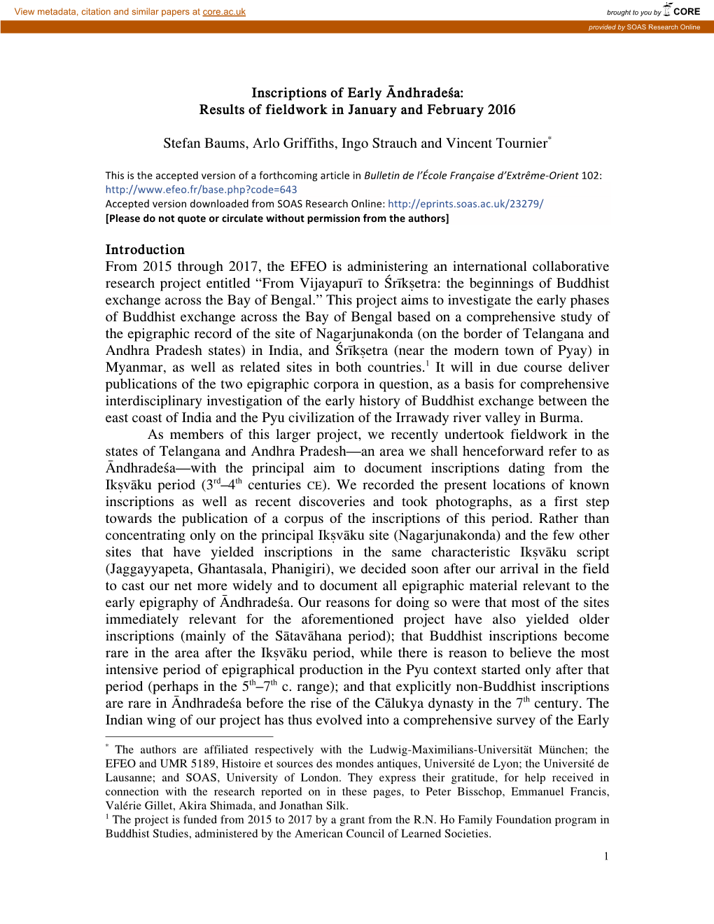 Inscriptions of Early Āndhradeśa: Results of Fieldwork in January and February 2016