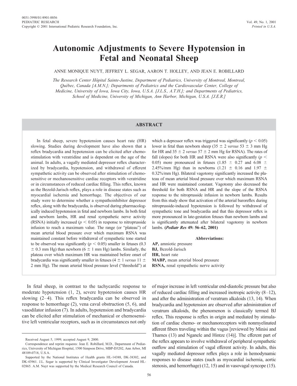 Autonomic Adjustments to Severe Hypotension in Fetal and Neonatal Sheep