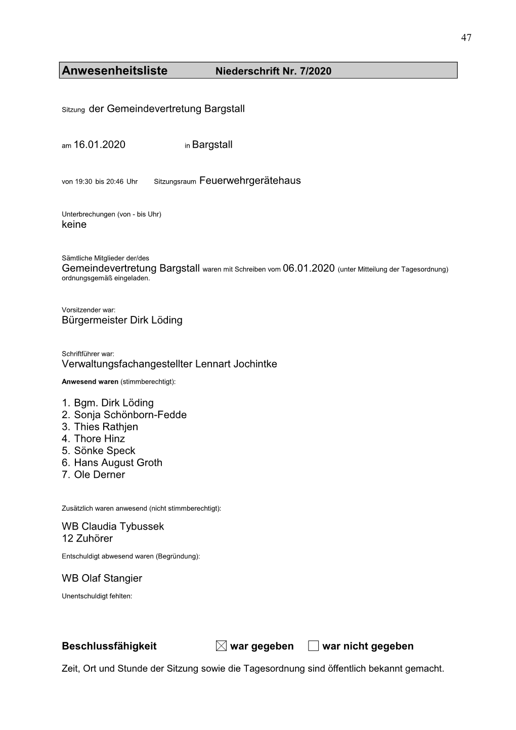 Anwesenheitsliste Niederschrift Nr