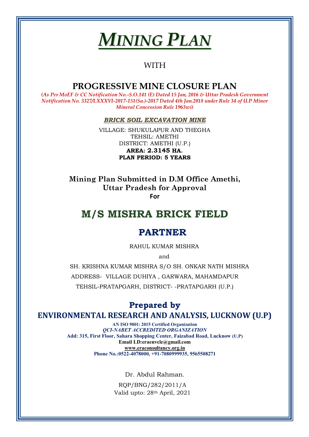 Mining Plan Submitted in D.M Office Amethi, Uttar Pradesh for Approval For