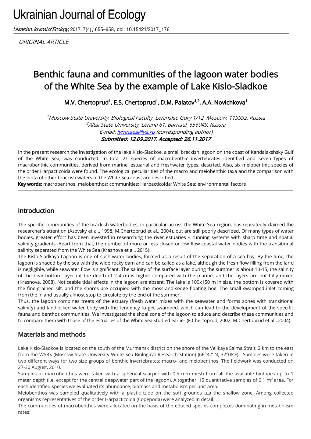 Benthic Fauna and Communities of the Lagoon Water Bodies of the White Sea by the Example of Lake Kislo-Sladkoe