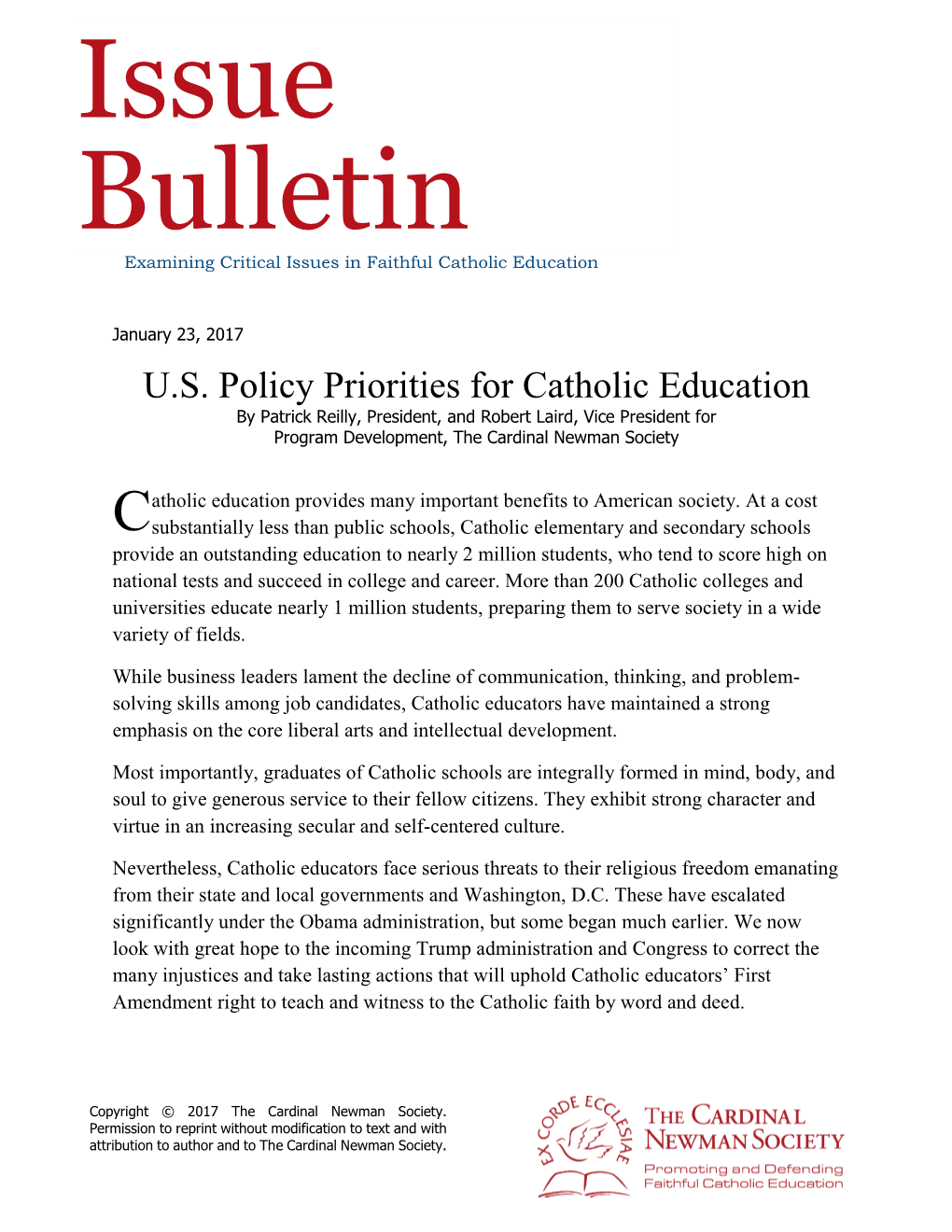US Policy Priorities for Catholic Education