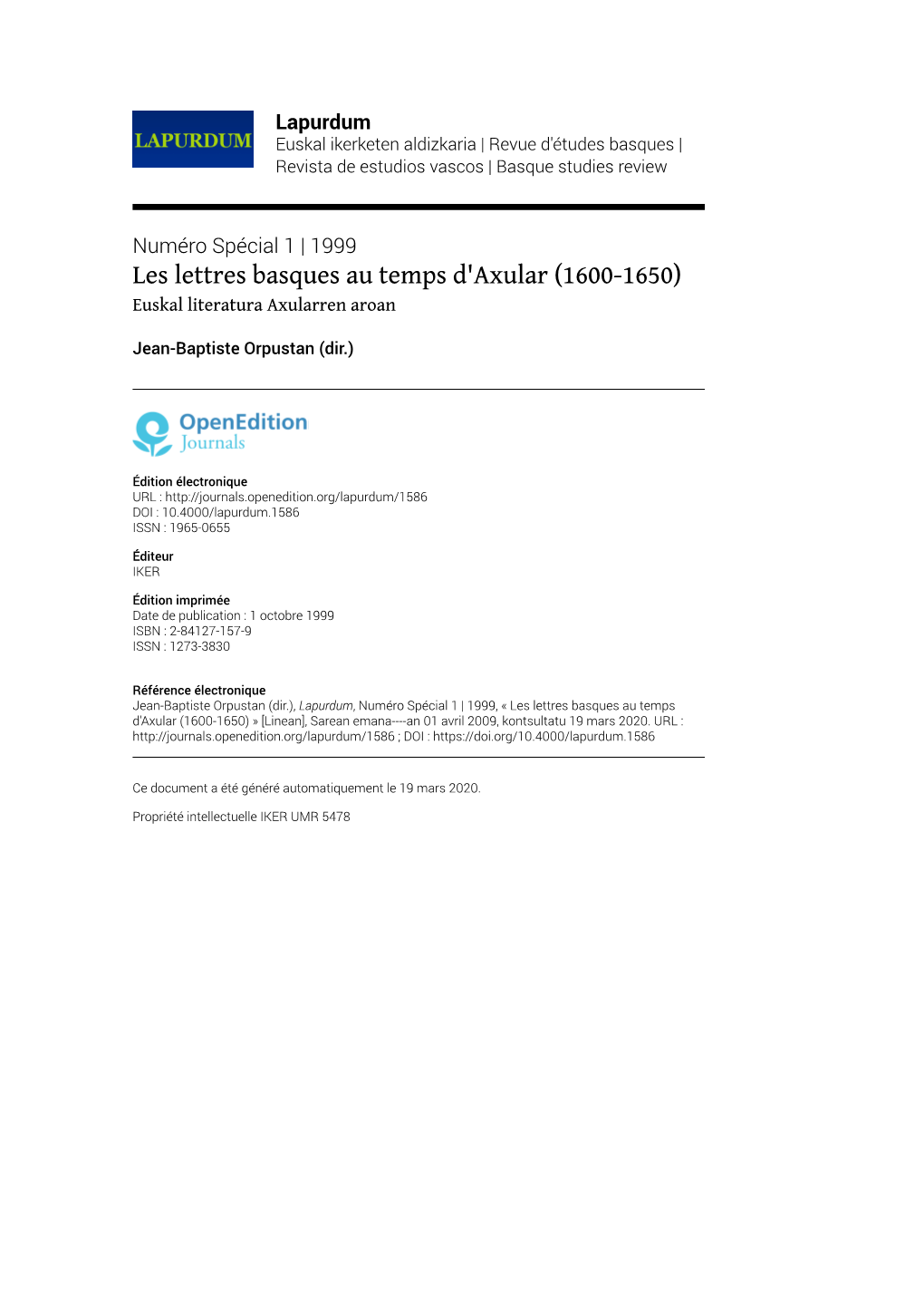 Lapurdum, Numéro Spécial 1 | 1999, « Les Lettres Basques Au Temps D'axular (1600-1650) » [Linean], Sarean Emana----An 01 Avril 2009, Kontsultatu 19 Mars 2020