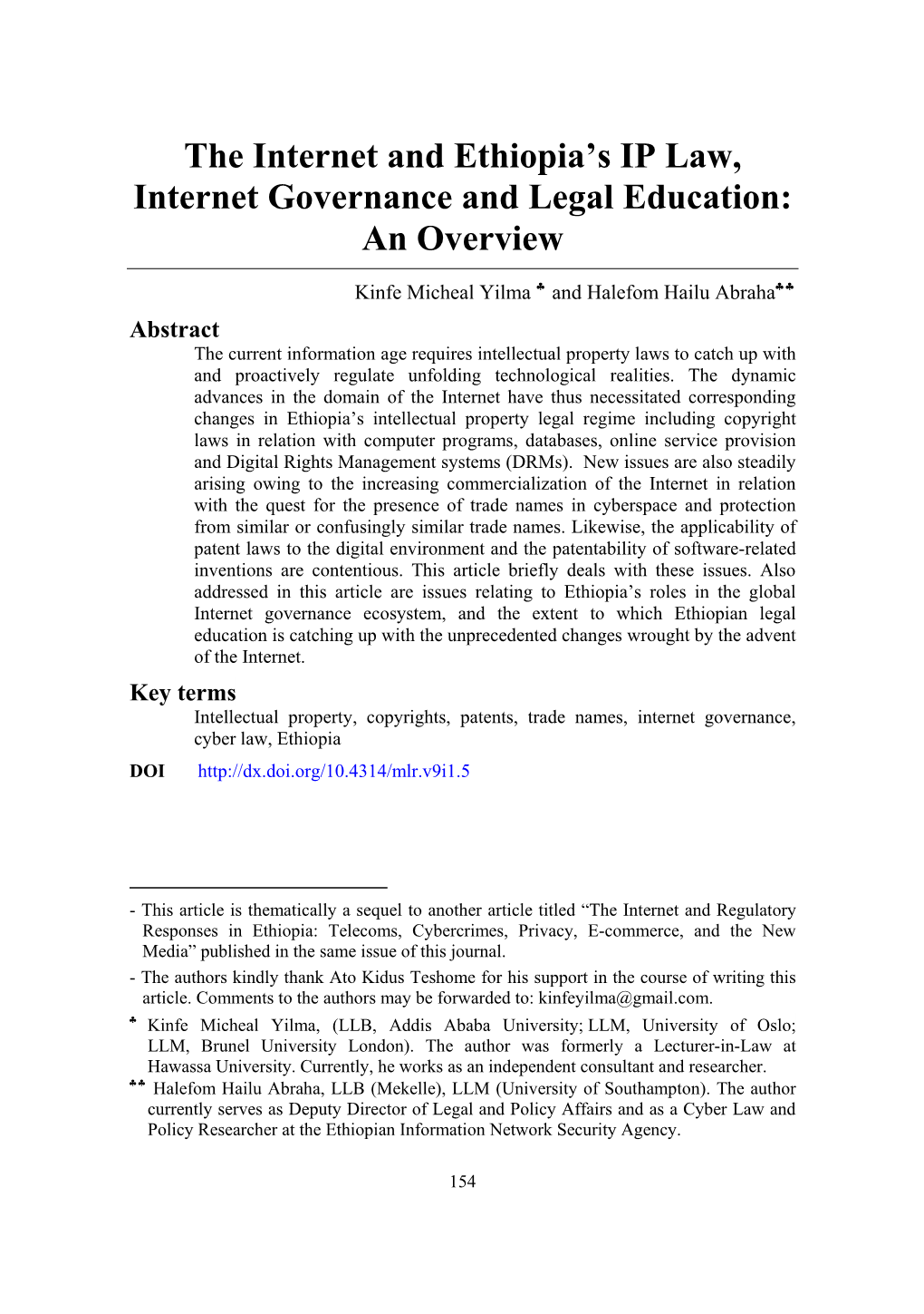 The Internet and Ethiopia's IP Law, Internet Governance and Legal