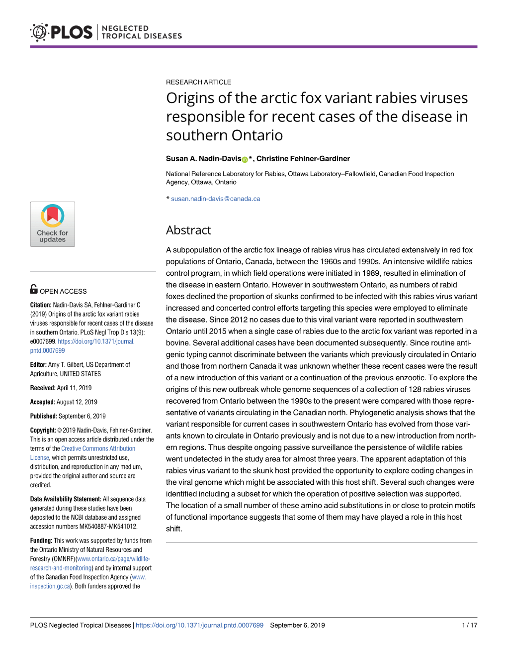 Origins of the Arctic Fox Variant Rabies Viruses Responsible for Recent Cases of the Disease in Southern Ontario