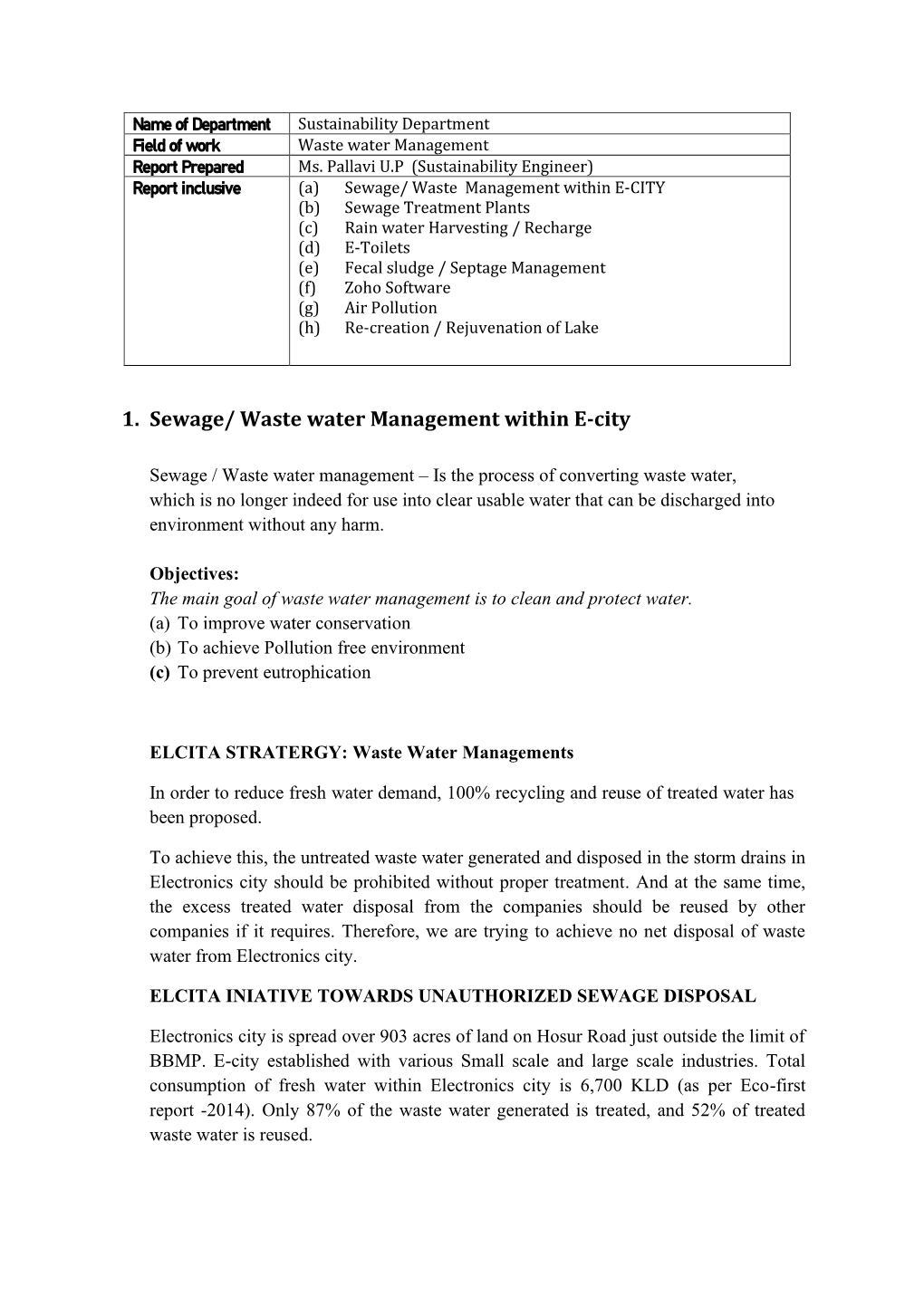 1. Sewage/ Waste Water Management Within E-City