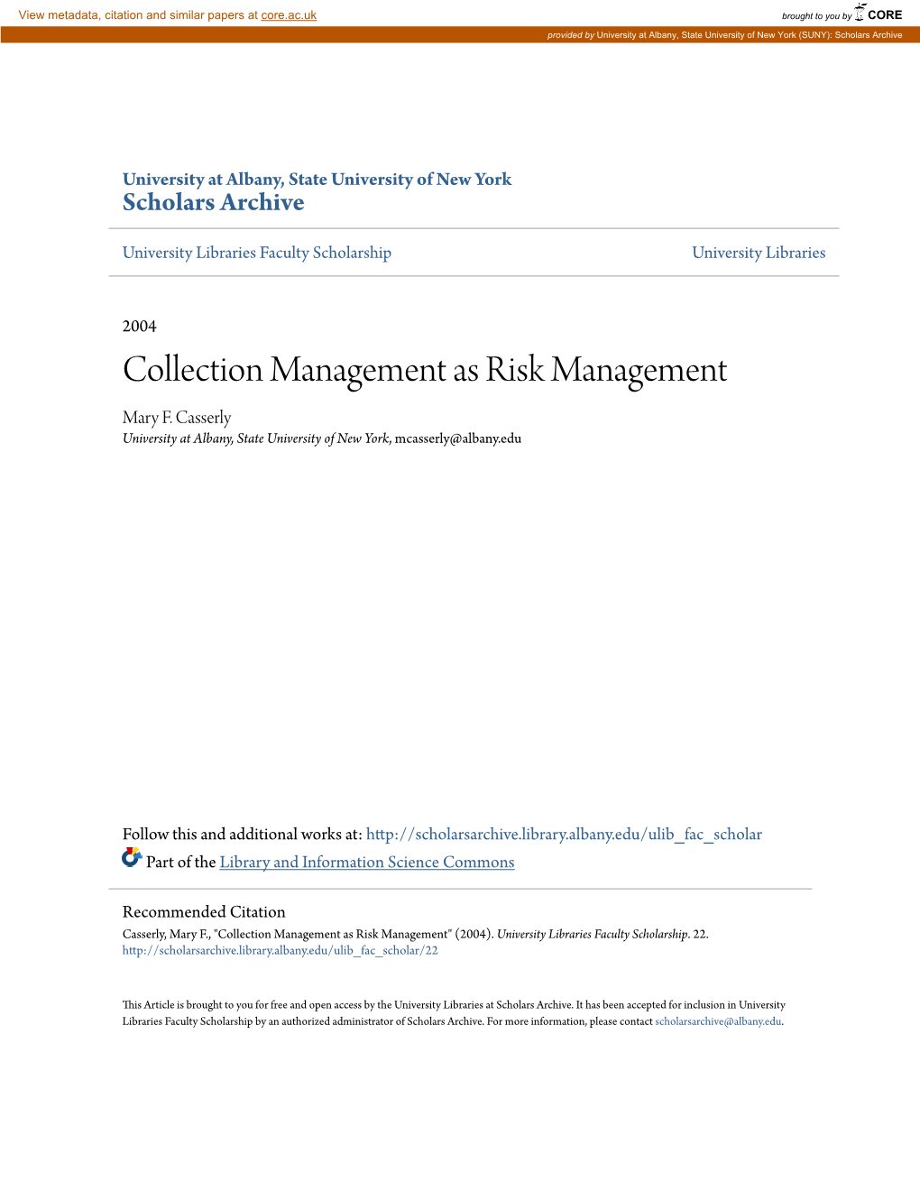 Collection Management As Risk Management Mary F