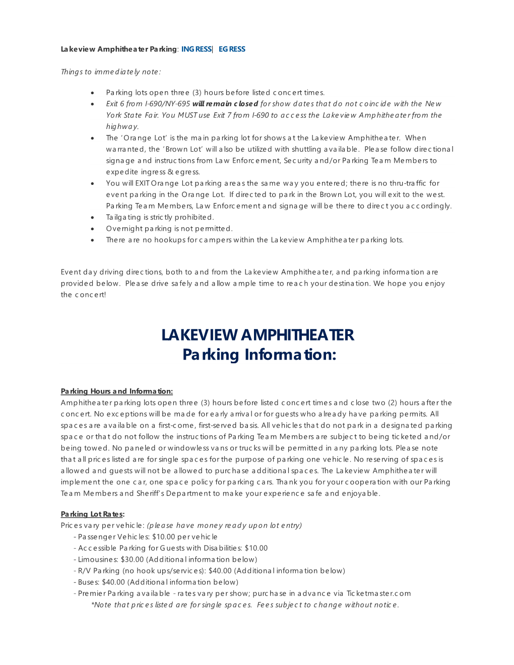 LAKEVIEW AMPHITHEATER Parking Information