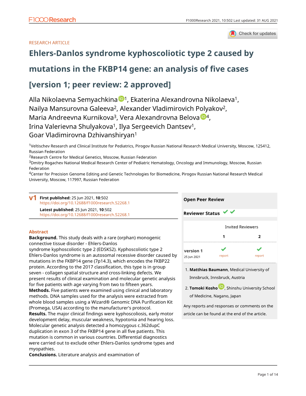 Ehlers-Danlos Syndrome Kyphoscoliotic Type 2 Caused by Mutations in the FKBP14 Gene: an Analysis of Five Cases [Version 1; Peer Review: 2 Approved]