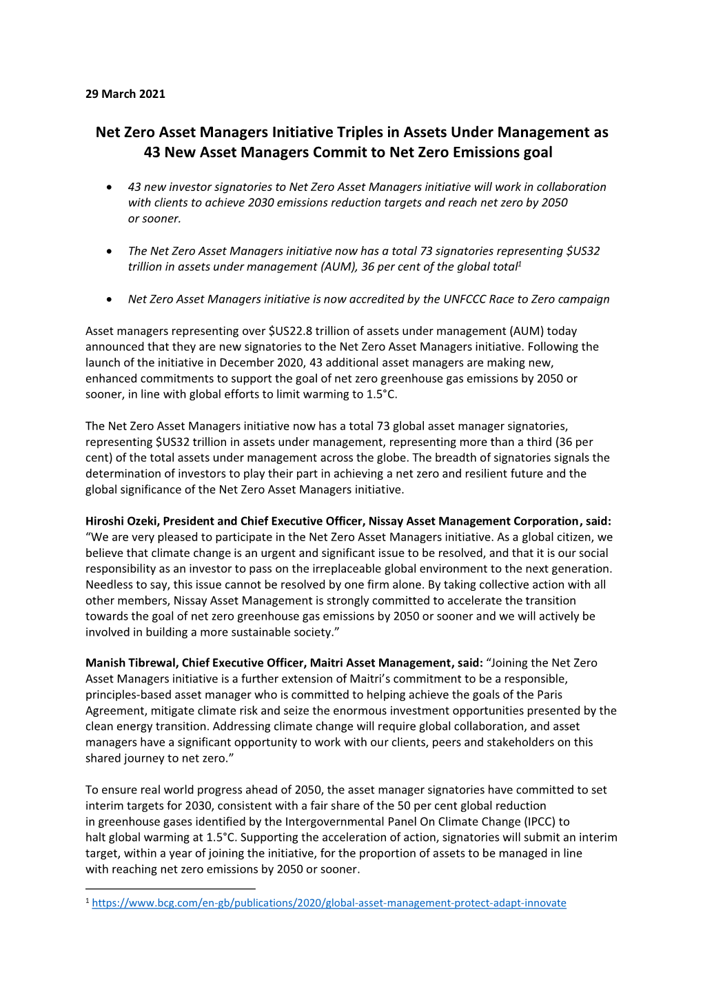 Net Zero Asset Managers Initiative Triples in Assets Under Management As 43 New Asset Managers Commit to Net Zero Emissions Goal