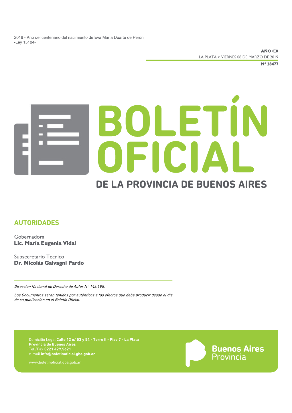 BOLETÍN OFICIAL DE LA PROVINCIA DE BUENOS AIRES La Plata > Viernes 08 De Marzo De 2019