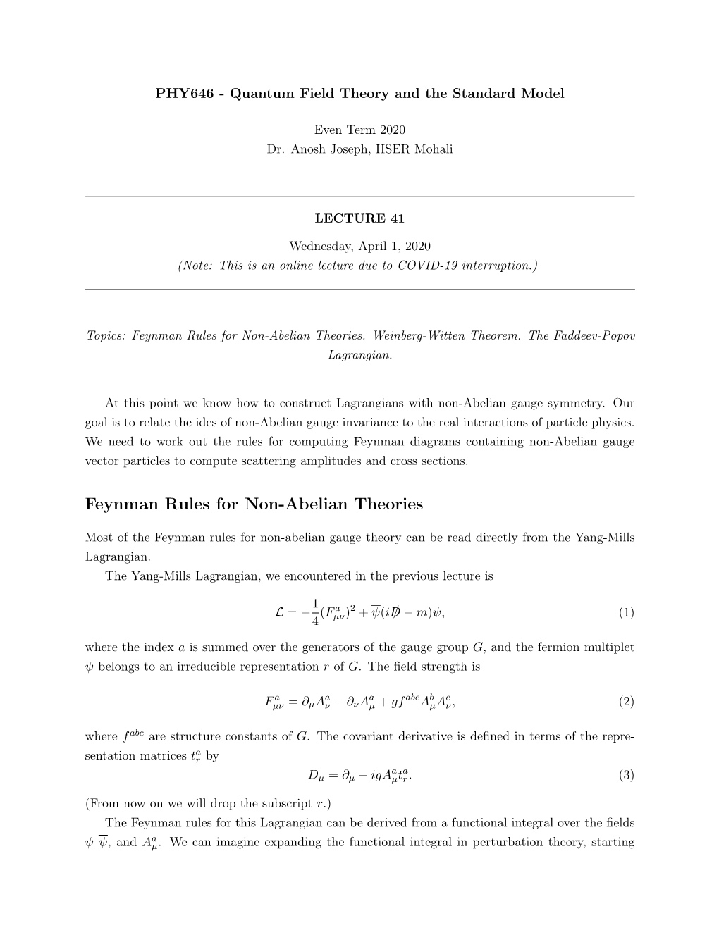 Feynman Rules for Non-Abelian Theories