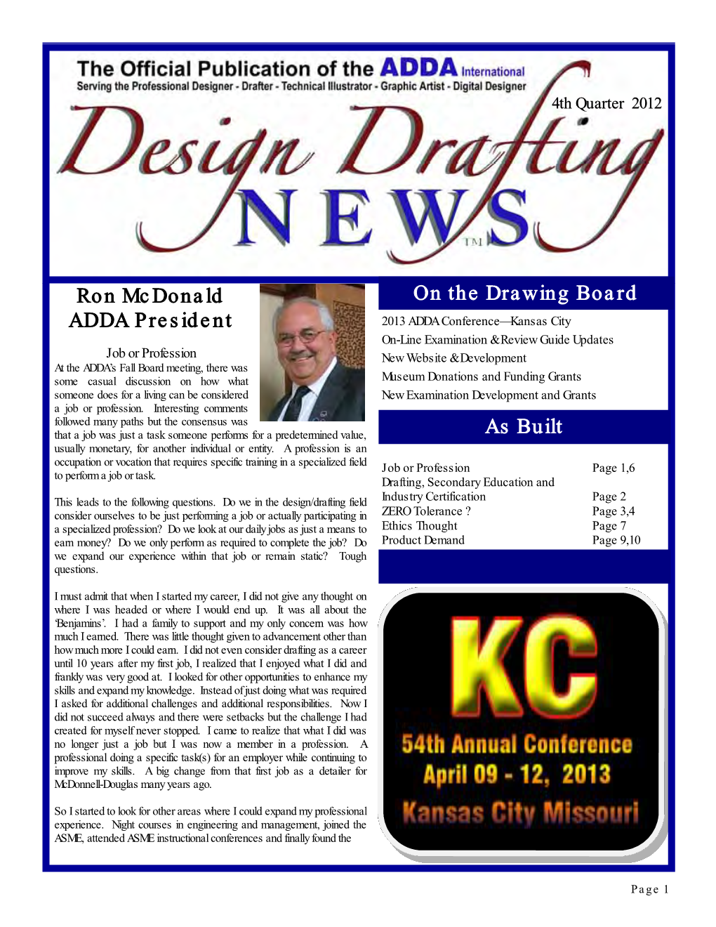 Ron Mcdonald ADDA President on the Drawing Board As Built