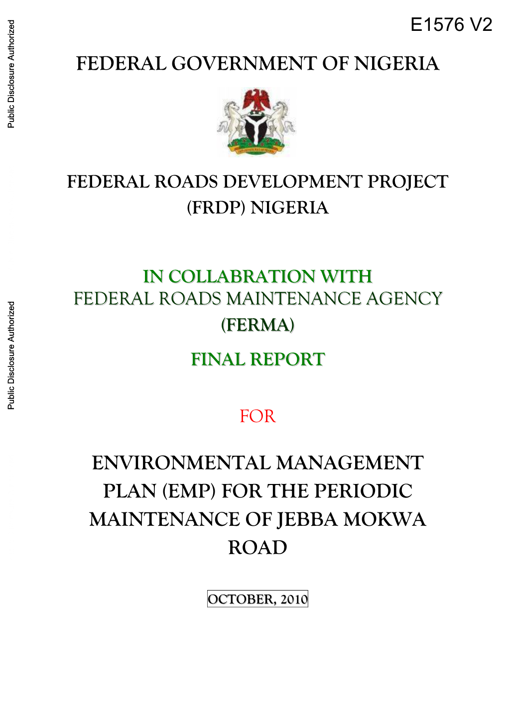 FEDERAL GOVERNMENT of NIGERIA Public Disclosure Authorized