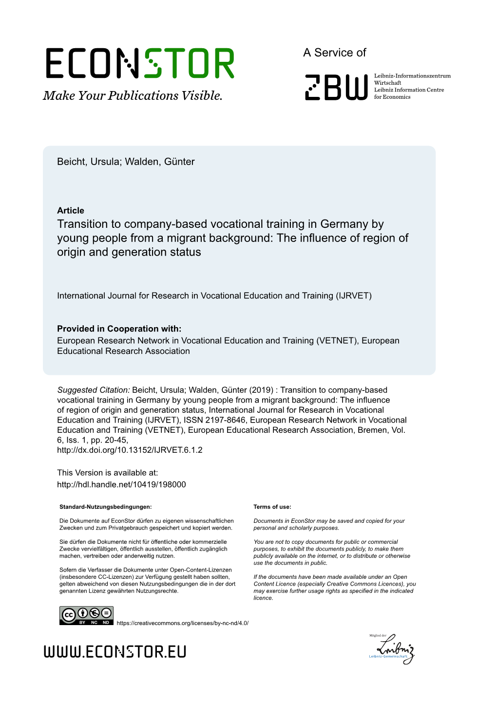 Transition to Company-Based Vocational Training in Germany by Young People from a Migrant Background: the Influence of Region of Origin and Generation Status
