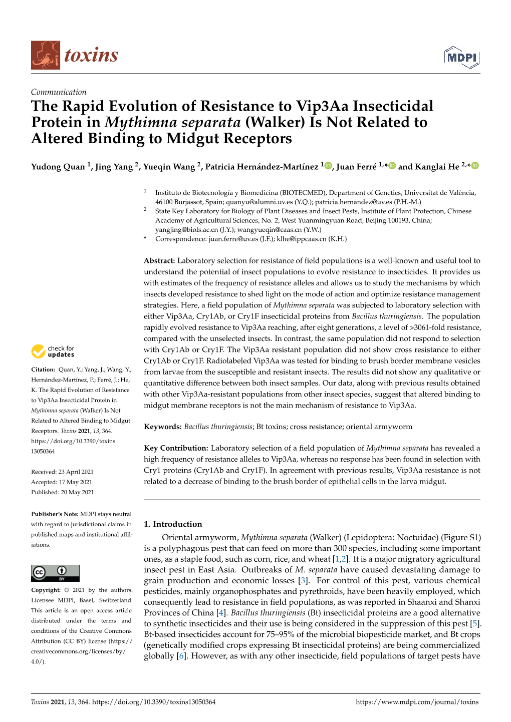 The Rapid Evolution of Resistance to Vip3aa Insecticidal Protein in Mythimna Separata (Walker) Is Not Related to Altered Binding to Midgut Receptors