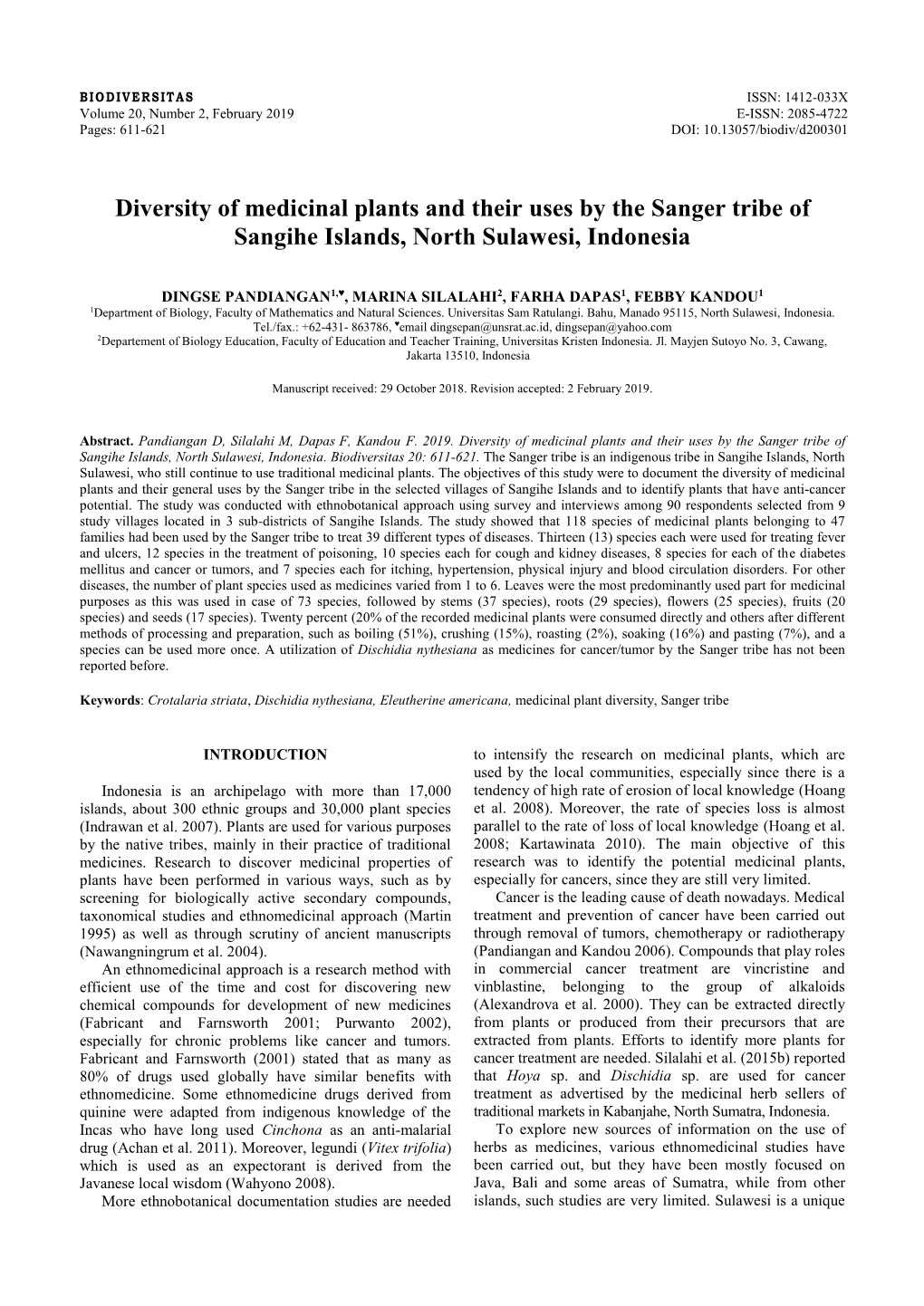 Diversity of Medicinal Plants and Their Uses by the Sanger Tribe of Sangihe Islands, North Sulawesi, Indonesia