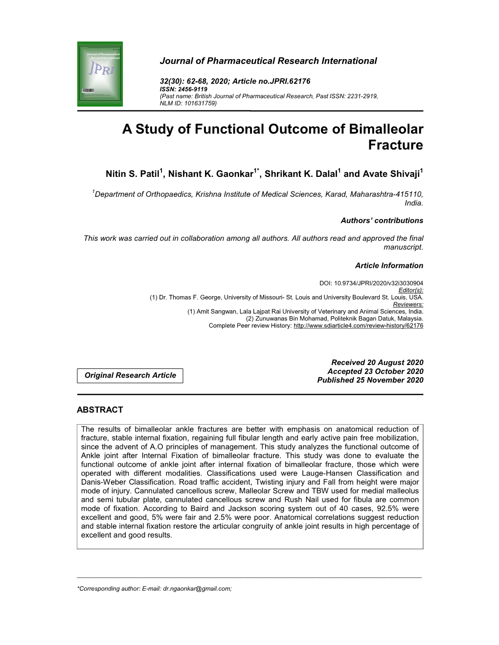 A Study of Functional Outcome of Bimalleolar Fracture