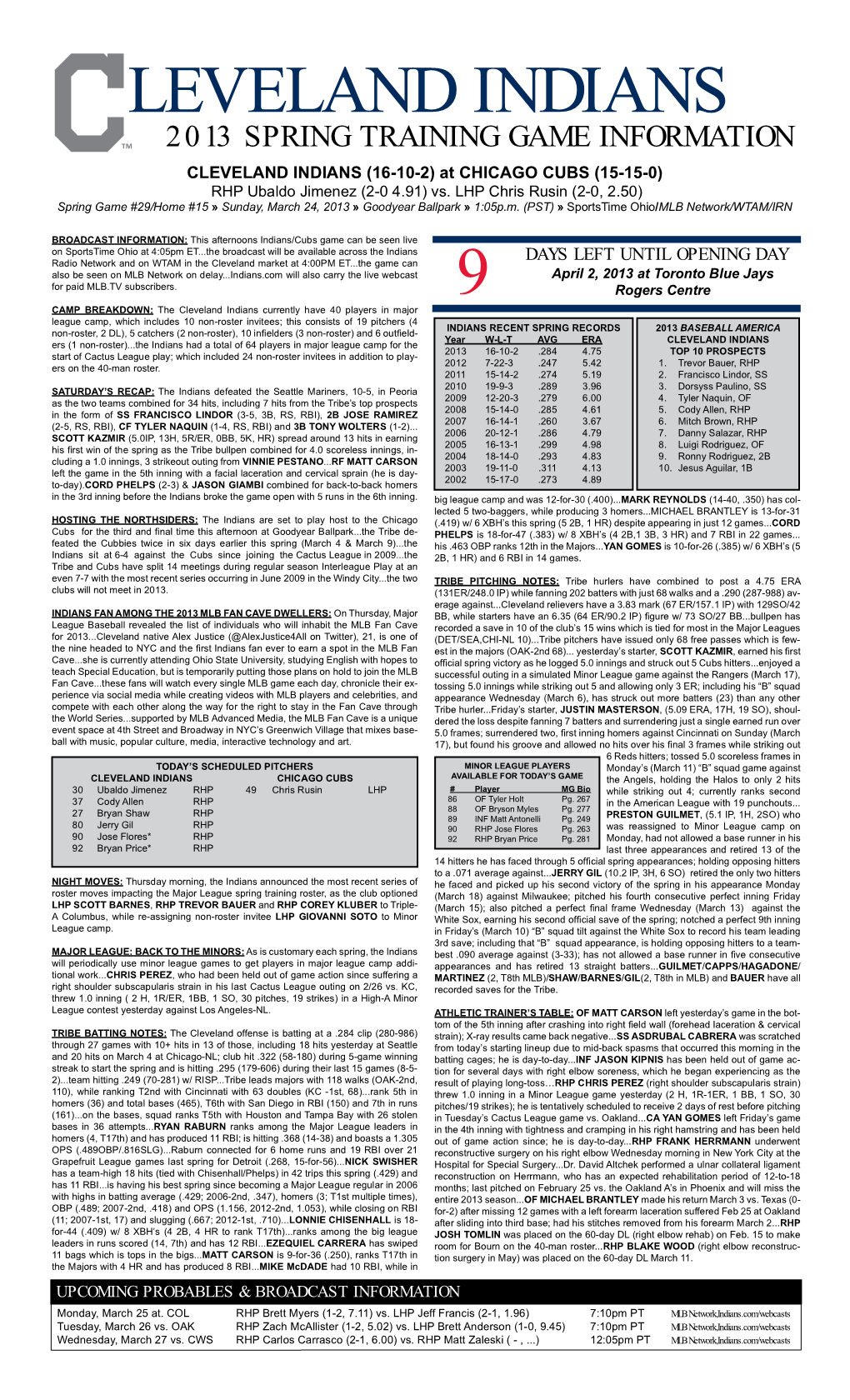 LEVELAND INDIANS 2013 SPRING TRAINING GAME INFORMATION CLEVELAND INDIANS (16-10-2) at CHICAGO CUBS (15-15-0) RHP Ubaldo Jimenez (2-0 4.91) Vs