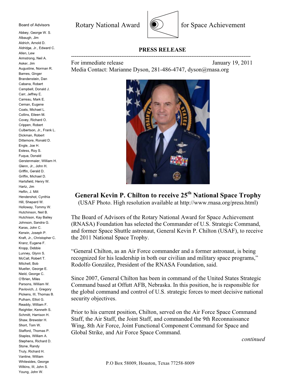 Rotary National Award for Space Achievement General Kevin P. Chilton to Receive 25 National Space Trophy