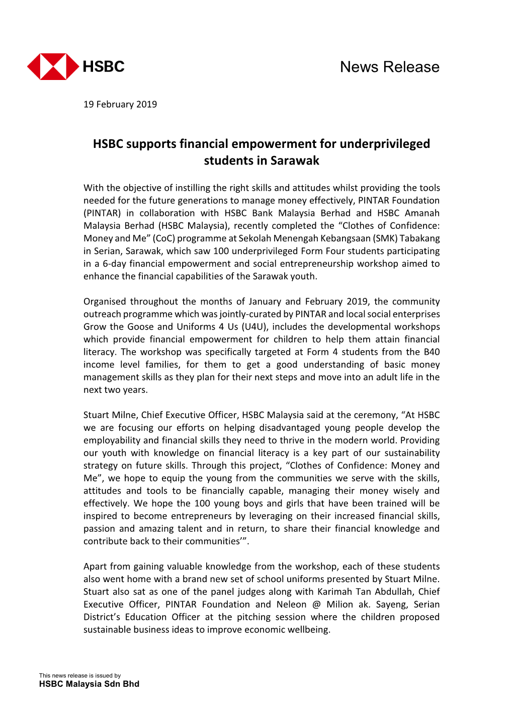 HSBC Supports Financial Empowerment for Underprivileged Students in Sarawak