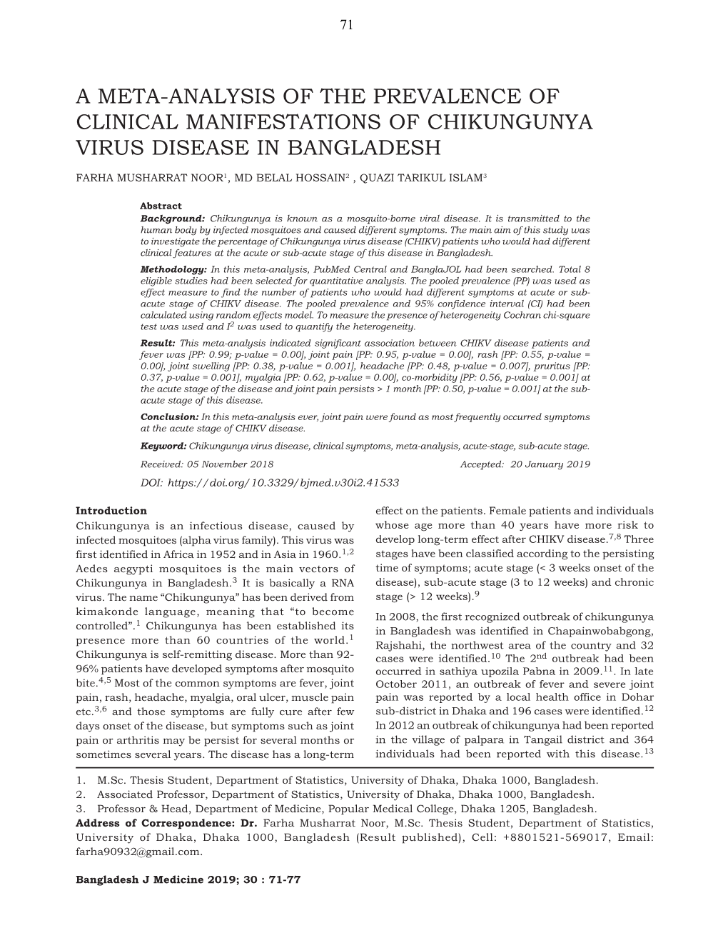 A Meta-Analysis of the Prevalence of Clinical Manifestations of Chikungunya Virus Disease in Bangladesh